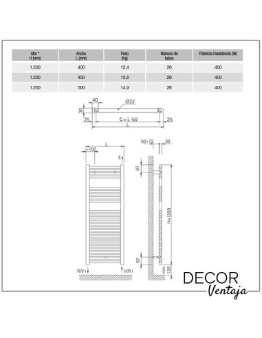 Radiador toallero eléctrico de 26 tubos en color blanco, con cronotermostato. Cotas