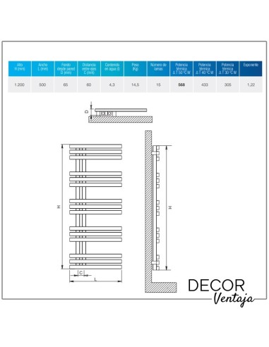 Radiador toallero hidráulico modelos Siglo de 15 lamas en color cromo. Cotas