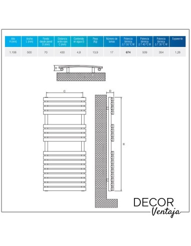 Radiador toallero hidráulico modelos Carmen/Pukita de 17 lamas en color negro mate. Cotas