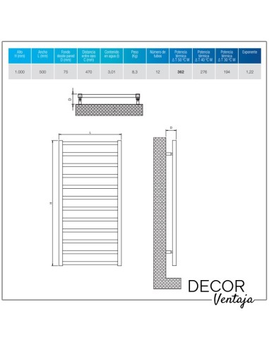 Radiador toallero hidráulico modelo Recto/Karnak de 12 tubos en color blanco. Cotas