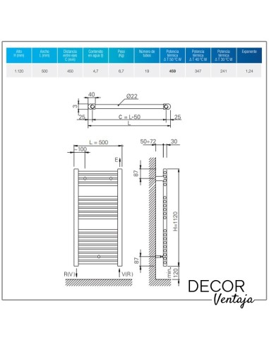 Radiador toallero hidráulico de 19 tubos en color negro. Cotas