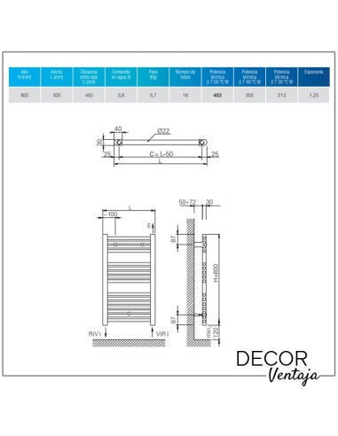 Radiador toallero hidráulico de 16 tubos en color negro. Cotas