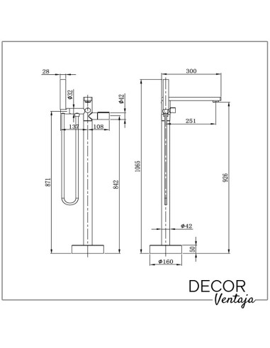 Grifo para bañera exenta cromo. Modelo Twist cuadrada. Cotas