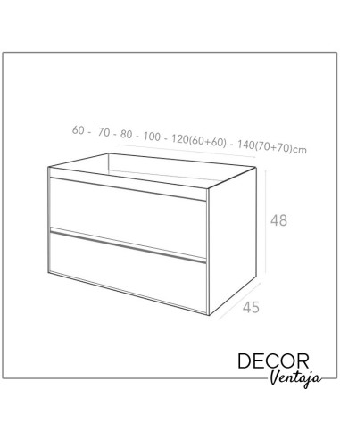 Mueble de baño de 2 cajones suspendido mod. Mikonos lacado + encimera de porcelana. Medidas