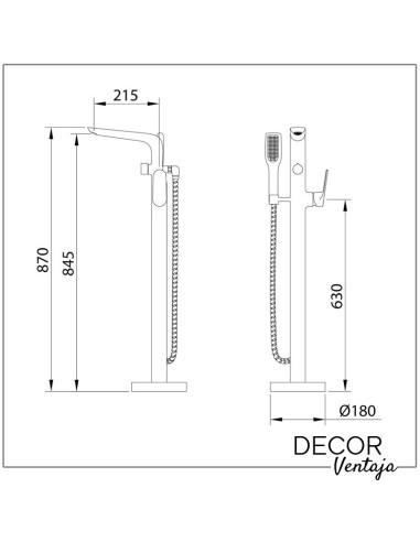 Grifo para bañera exenta cromo. Modelo Vogue Elegance. Cotas y medidas