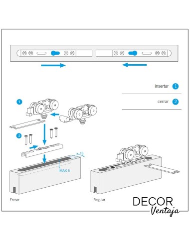 Casonetos con guía oculta en falso techo, para puertas de medida especial. Estribos ocultos