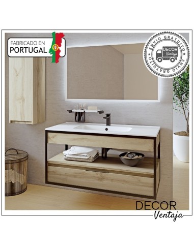 Mueble de baño suspendido, combinando metal y madera, con 1 cajón(gaveta) mod. Lotus G ambiente madera