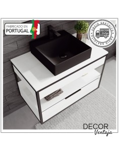 Mueble de baño suspendido, combinando metal y madera, con 1 cajón(gaveta) mod. Lotus G encimera negra