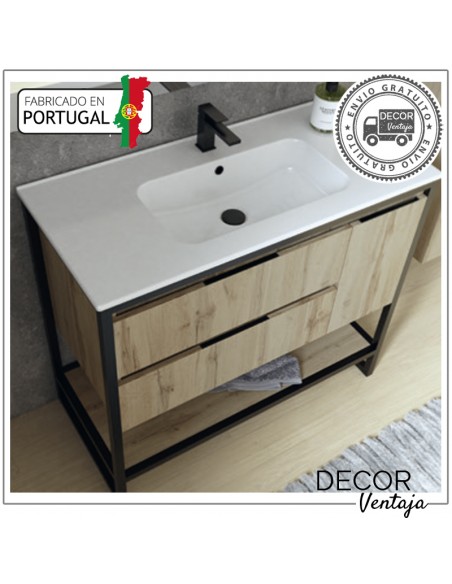 Mueble de baño a suelo con 2 gavetas, combinando metal y madera, mod.Baltic 2G. Detalle