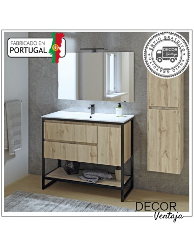 Mueble de baño a suelo con 2 gavetas, combinando metal y madera, mod.Baltic 2G
