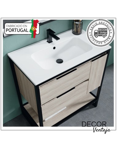 Mueble de baño a suelo con 2 gavetas, combinando metal y madera, mod.Baltic 2G. Detalle del ambiente