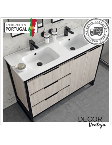 Mueble de baño con patas a suelo con 3 gavetas y 1 o 2 puertas, combinando metal y madera, mod.Baltic 3G Doble lavabo