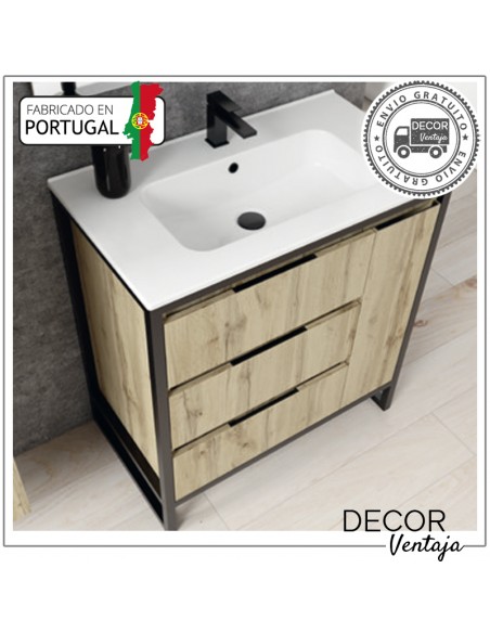 Mueble de baño con patas a suelo con 3 gavetas y 1 o 2 puertas, combinando metal y madera, mod.Baltic 3G