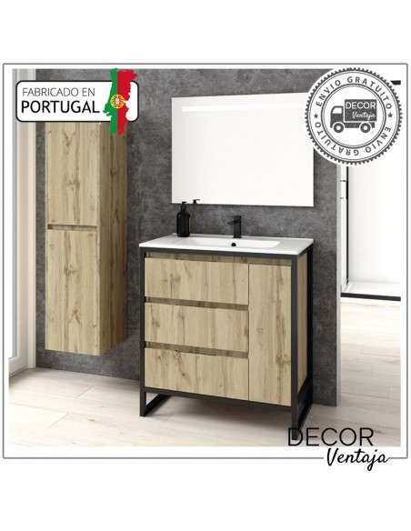 Mueble de baño con patas a suelo con 3 gavetas y 1 o 2 puertas, combinando metal y madera, mod.Baltic 3G. Ambiente