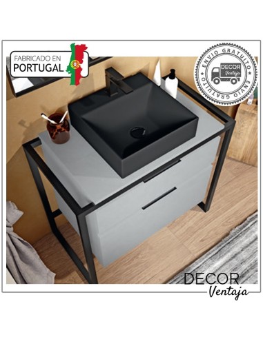 Mueble de baño con patas a suelo con 2 gavetas (cajones), combinando metal y madera, mod. Mentus 2G 800 detalle