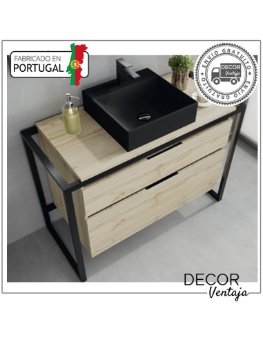 Mueble de baño con patas a suelo con 2 gavetas (cajones), combinando metal y madera, mod. Mentus 2G. Lavabo sobreencimera negro