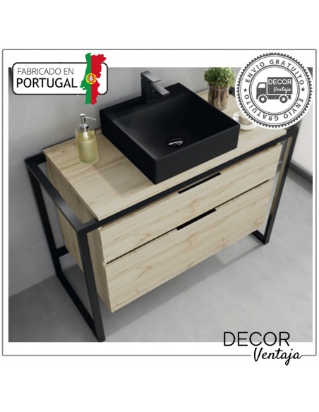 Mueble de baño con patas a suelo con 2 gavetas (cajones), combinando metal y madera, mod. Mentus 2G. Lavabo sobreencimera negro