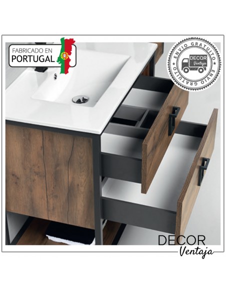 Mueble de baño con patas a suelo con 2 gavetas (cajones), combinando metal y madera, mod. Play 2G. Detalle cajones