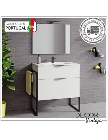 Mueble de baño con patas a suelo con 2 gavetas (cajones), combinando metal y madera, mod. Noki 2G. Ambiente