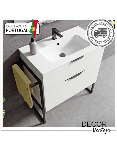 Mueble de baño con patas a suelo con 2 gavetas (cajones), combinando metal y madera, mod. Noki 2G