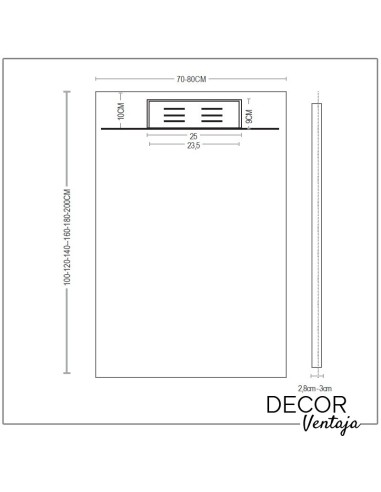 Plato de ducha antideslizante de resinas con cargas minerales. Modelo Quarzo Blanco con desagüe camuflado. Medidas y cotas
