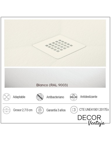 Plato de ducha antideslizante de resinas con cargas minerales. Modelo Santral Blanco. Características