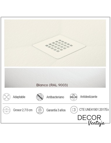 Plato de ducha antideslizante de resinas con cargas minerales. Modelo Square Blanco. Características