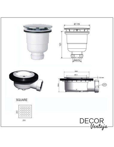 Plato de ducha antideslizante de resinas con cargas minerales. Modelo Square Blanco. Detalle de la válvula