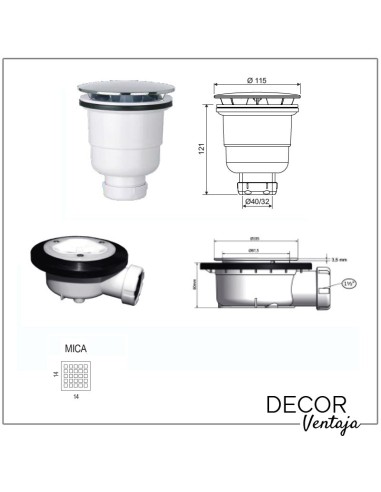 Plato de ducha antideslizante de resinas con cargas minerales. Modelo Mica Blanco. Detalle válvula