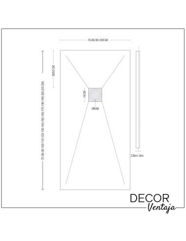 Plato de ducha antideslizante de resinas con cargas minerales. Modelo Mica Blanco. Medidas y cotas