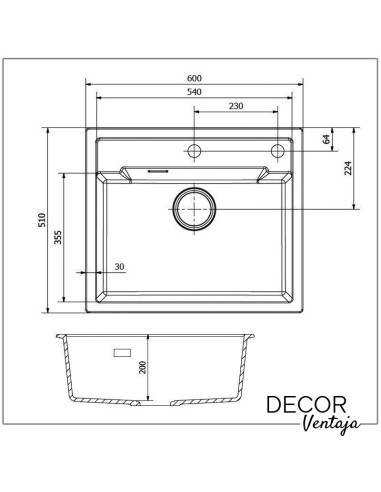 Fregadero de cocina de granito, cuarzo y resina sintética. Modelo Amsterdam 54. Medidas y cotas