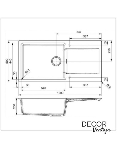 Fregadero de cocina con escurridor de granito, cuarzo y resina sintética. Modelo Amsterdam 540. Reversible. Medidas y cotas