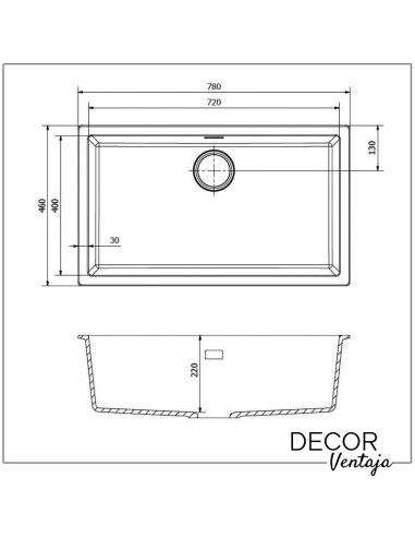Fregadero de cocina de granito, cuarzo y resina sintética. Modelo Amsterdam 72. Medidas y cotas