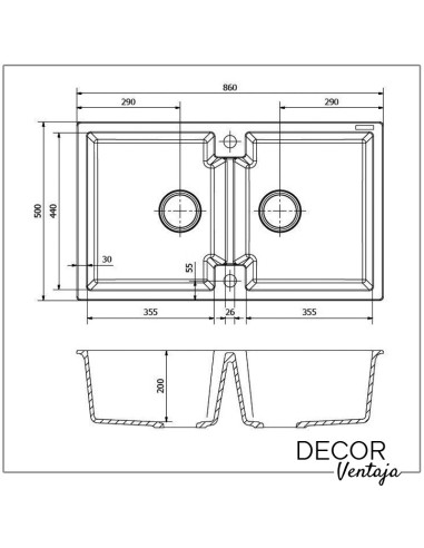 Fregadero doble seno de cocina de granito, cuarzo y resina sintética. Modelo Amsterdam 20. Cotas y medidas