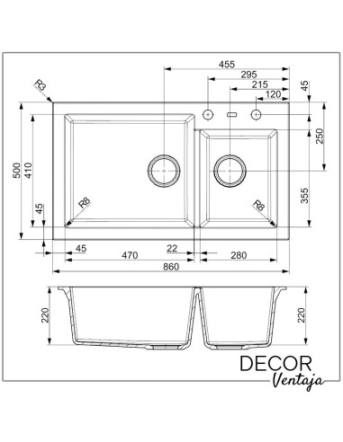 Fregadero doble seno de cocina de granito, cuarzo y resina sintética. Modelo Amsterdam 25. Cotas y medidas