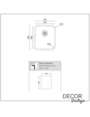 Fregadero de cocina estrecho de acero inoxidable. Modelo Menfis 340. Cotas y medidas