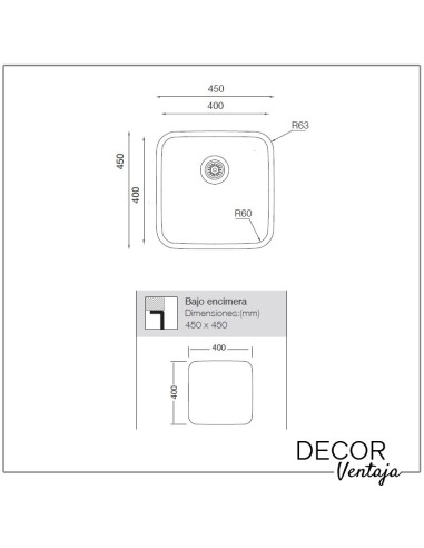 Fregadero de cocina cuadrado de acero inoxidable. Modelo Menfis 440. Cotas y medidas