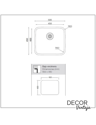 Fregadero de cocina de acero inoxidable. Modelo Menfis 455. Cotas y medidas