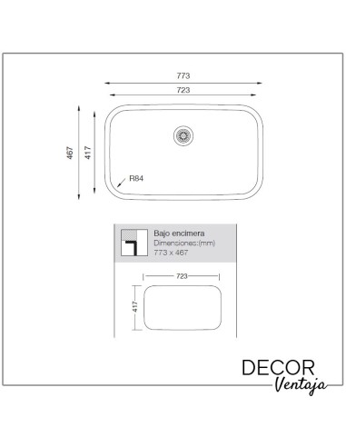 Fregadero de cocina ancho de acero inoxidable. Modelo Menfis 723. Medidas y cotas