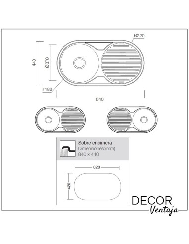 Fregadero de cocina CON ESCURRIDOR de acero inoxidable. Modelo Ibi 840. Medidas y cotas