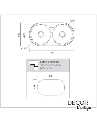 Fregadero de cocina DOBLE SENO de acero inoxidable. Modelo Ibi 842. Medidas y cotas