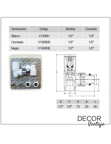 Detentor para radiador toallero con válvula CROMO. Medidas y características