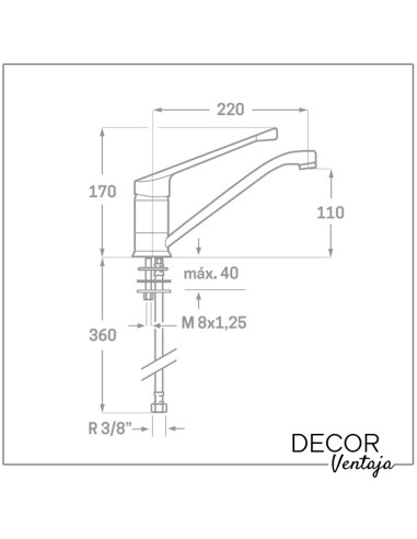 Grifo monomando gerontológico de fregadero en repisa cromo. Modelo Enkel. Medidas y cotas