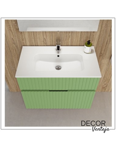 Mueble de baño suspendido, frentes de tablero MDF Hidrófugo en relieve, con 2 cajones (gaveta) mod. River Lacado. Verde detalle