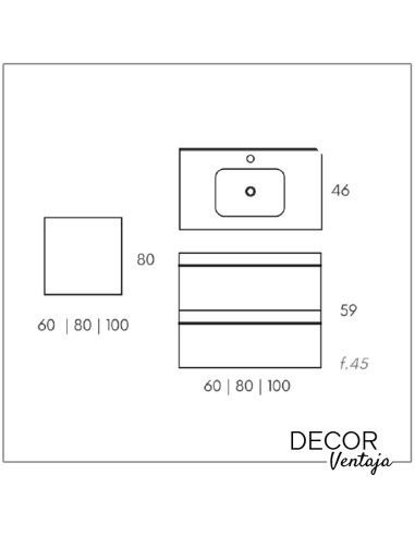 Mueble de baño de 2 cajones suspendido mod. LAOS+ encimera. Medidas y cotas
