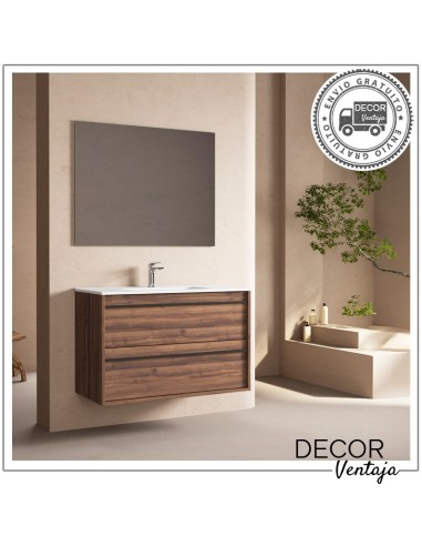 Mueble de baño de 2 cajones suspendido mod. LAOS+ encimera. Ambiente espejo cuadrado