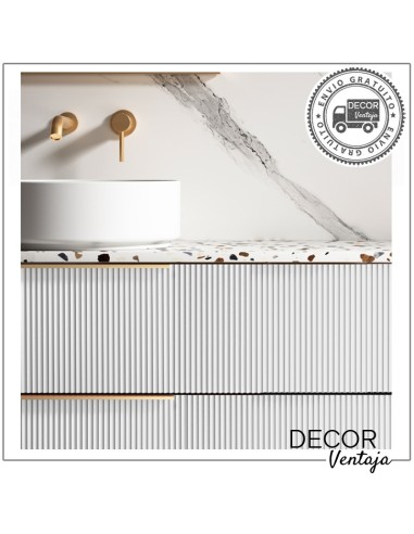 Mueble de baño de 2 cajones suspendido mod. JAVA+ encimera. Detalle blanco y grifería dorada