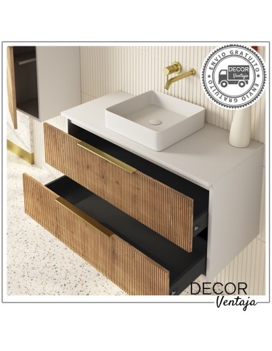 Mueble de baño de 2 cajones suspendido mod. JAVA+ encimera. Detalle roble y grifería dorada