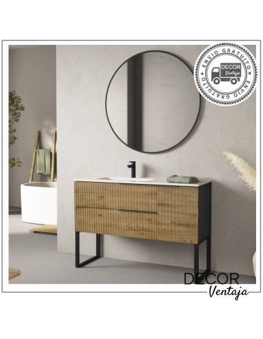 Mueble de baño de 2 cajones suspendido mod. BALI+ encimera. Ambiente mueble roble con patas