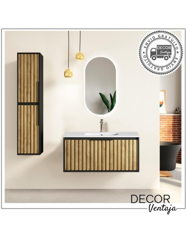 Mueble de baño de 2 cajones suspendido mod. SAONA+ encimera. Ambiente mueble negro y roble